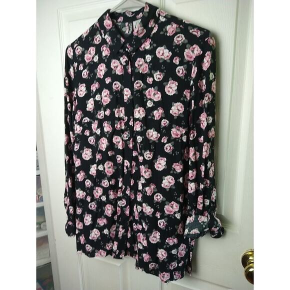 Divided Black Pink Rose Collared Button Roll Tab Sleeve Blouse. Size 6 - Picture 2 of 7